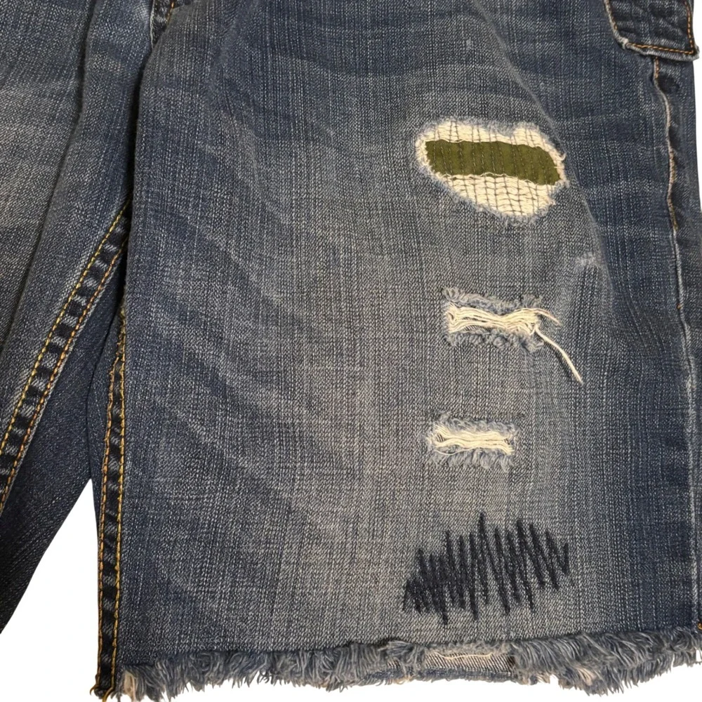 Parish Nation Mens Distressed Denim Shorts Blue Size 36 Raw Hem Embroidered‎